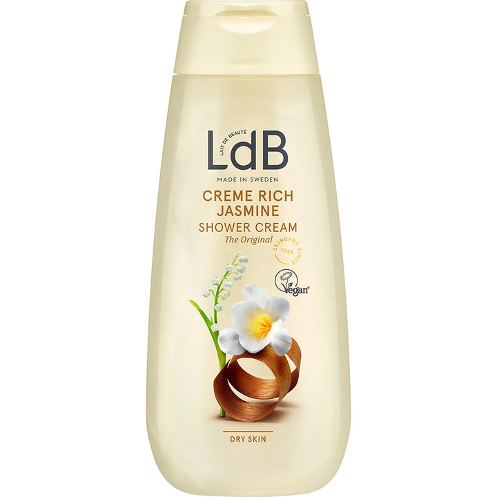 LdB Creme Rich Jasmine 250 ml suihkuvoide pehmentää ihoa vaaleassa muovipullossa kukkakuvioilla.