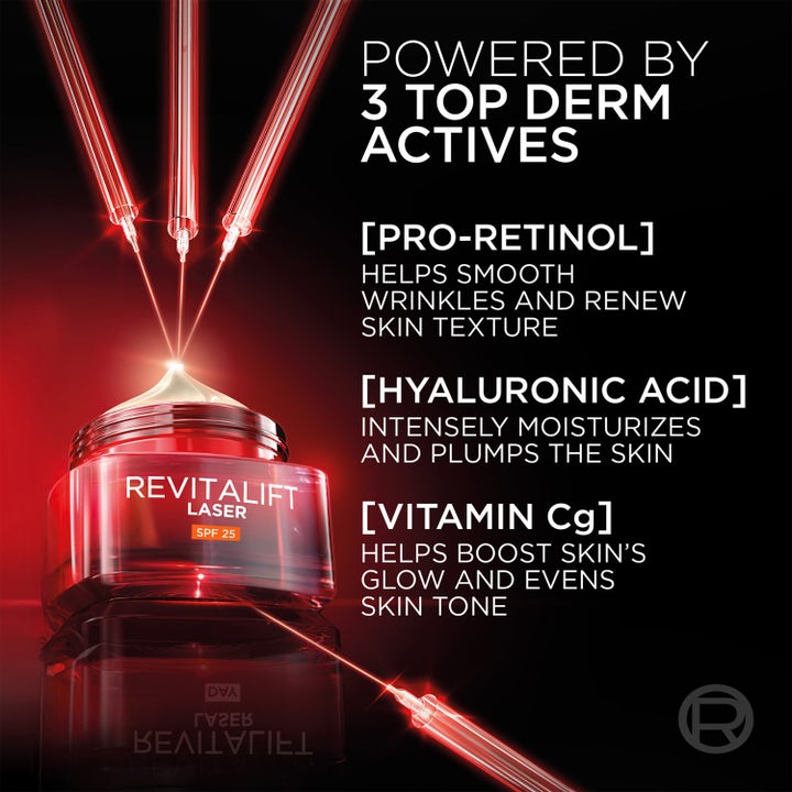 L'Oréal Paris Revitalift Laser 50 ml päivävoide pro-retinolilla ja hyaluronihapolla punaisessa lasipurkissa.