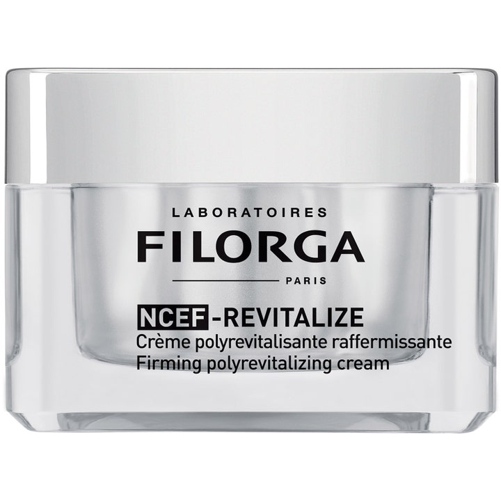 Filorga NCEF-REVITALIZE kiinteyttävä kasvovoide elvyttää ihoa kirkkaassa lasipurkissa jossa on hopeinen kansi