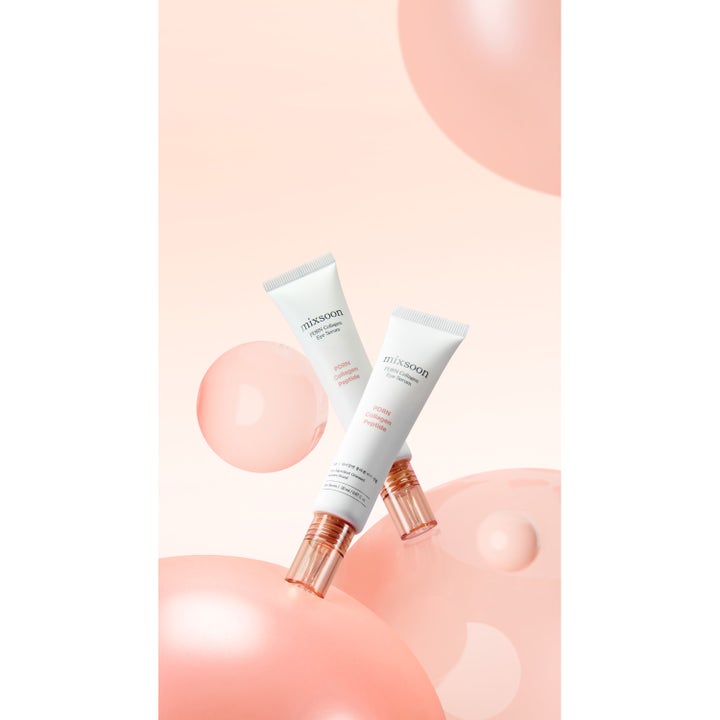 Mixsoon PDRN Collagen Eye Serum 20 ml kiinteyttävä silmänympärysseerumi valkoisissa tuubeissa persikkaisten kuplien keskellä.