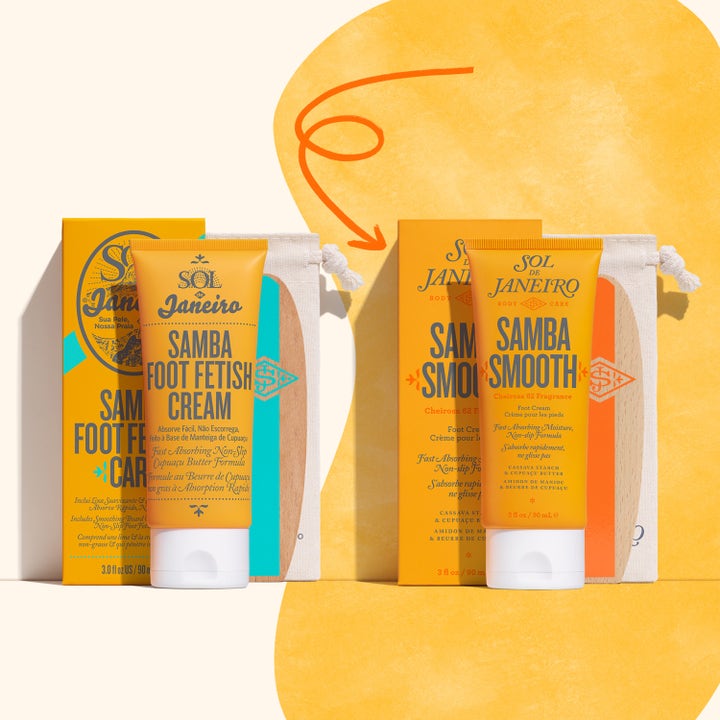 Sol de Janeiro Samba 2-Step Foot Fetish Care 90 ml kosteuttava jalkavoide keltaisessa tuubissa ja surffilautaviila.