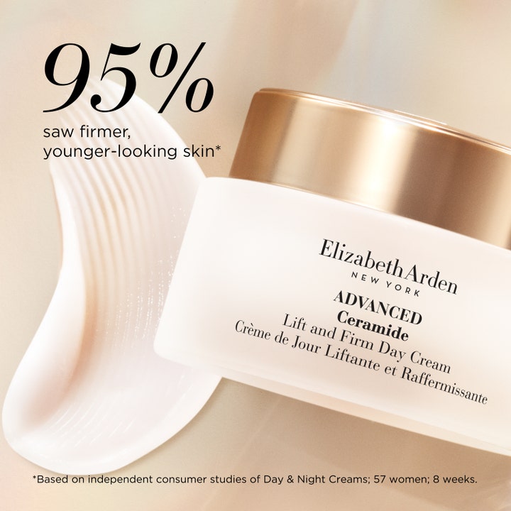 Elizabeth Arden Ceramide Lift & Firm 50 ml kiinteyttävä päivävoide kultakantisessa purkissa ja voidemainen tekstuuri