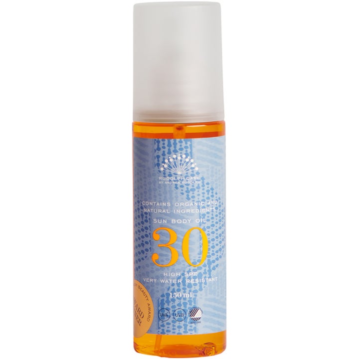 Rudolph Care Sun Body Oil 150 ml suojaava aurinkoöljy SPF 30 oranssia nestettä kirkkaassa pullossa sinisellä etiketillä.