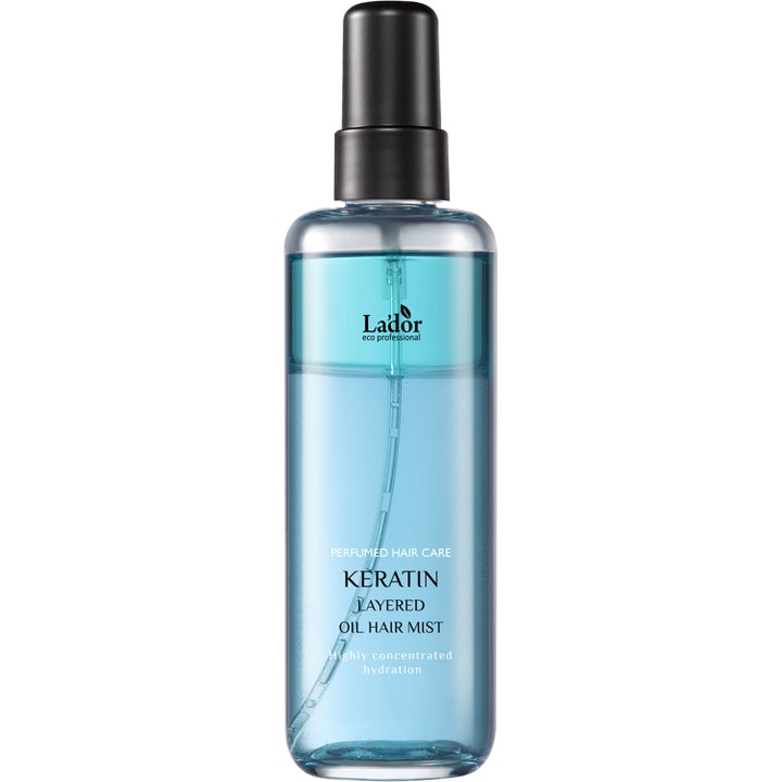 La’dor Keratin Layered Oil Hair Mist silottava hiussuihke kirkkaassa pullossa jossa on kaksikerroksista sinistä nestettä.