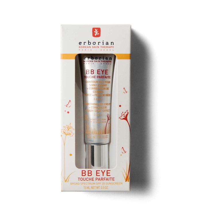 Erborian BB Eye Touche Parfaite 15 ml silottava silmänympärysvoide SPF 20 hopeisessa tuubissa ja valkoisessa pakkauksessa.