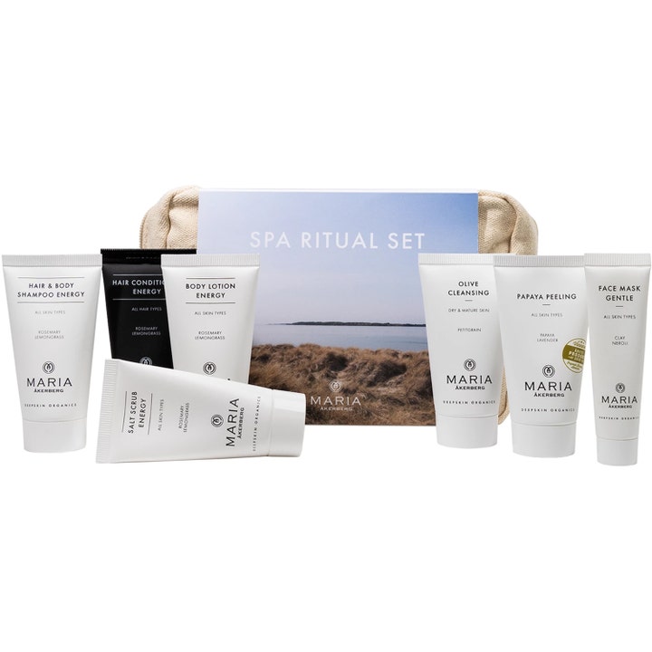 Maria Åkerberg SPA Ritual Kit 195 ml virkistävä ihonhoitosetti sisältää valkoisia tuubeja ja beigen kangaspussukan