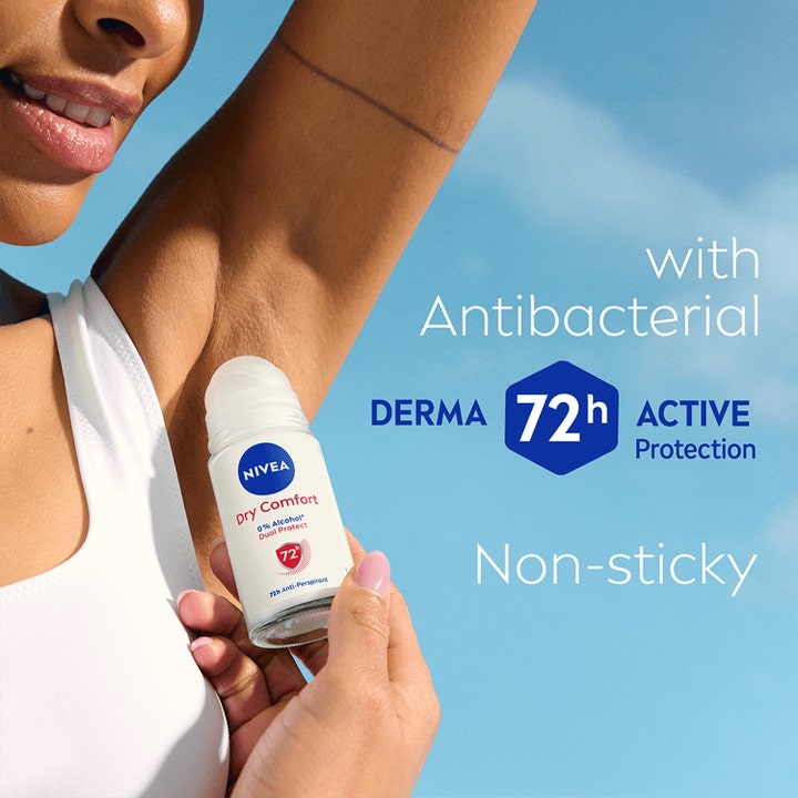 NIVEA Deo Rollon Dry Comfort 50 ml antaa 72h suojan kainalolle lifestyle-kuvassa sinisellä taustalla.