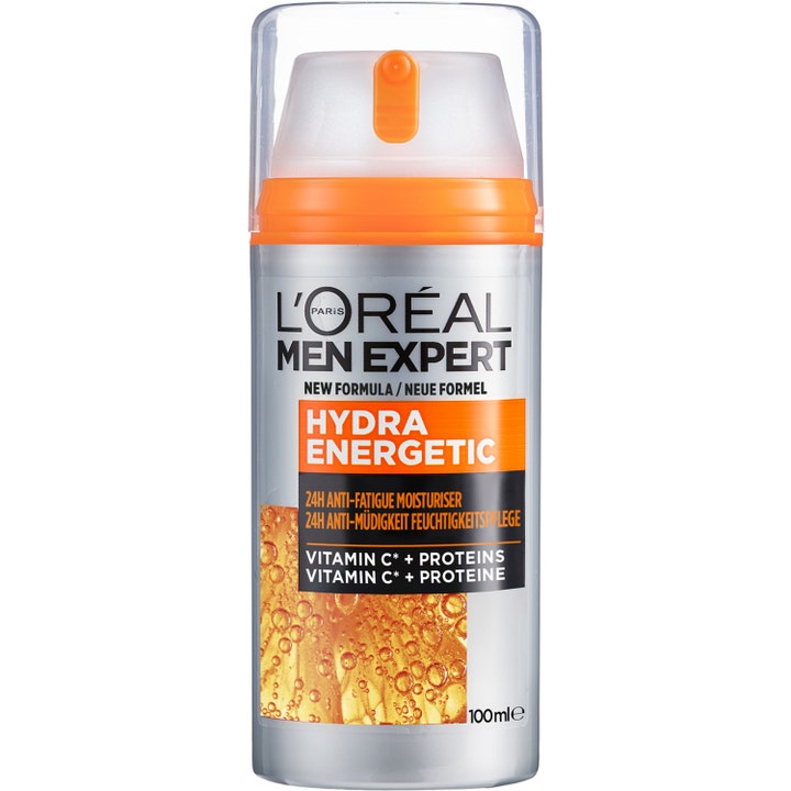 L'Oréal Men Expert Hydra Energetic 100 ml virkistävä kasvovoide miehille hopeisessa oranssikantisessa pumppupullossa