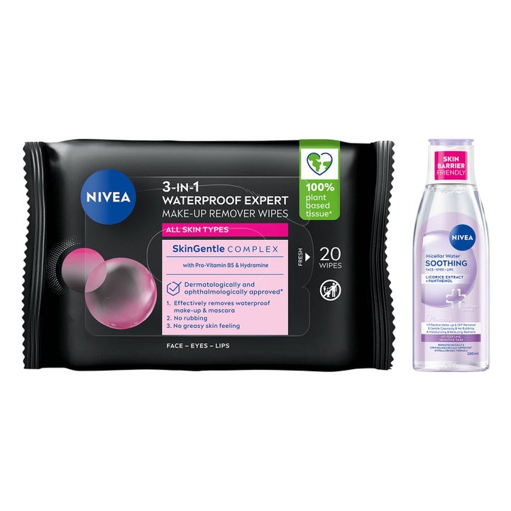 Nivea Micellar Water 200 ml ja MicellAIR Expert puhdistusliinat 20 kpl poistavat meikin tehokkaasti.