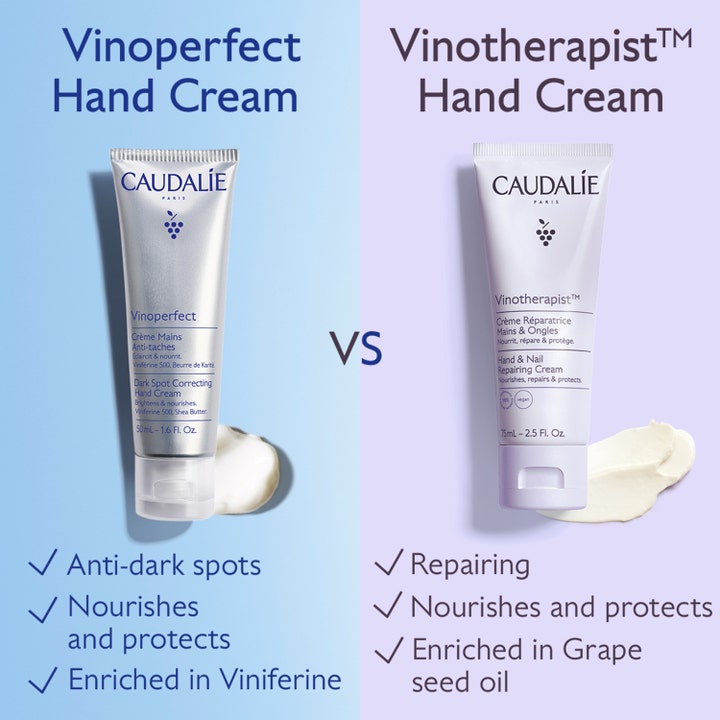 Caudalie Vinoperfect 50 ml vaalentava käsivoide verrattuna Vinotherapist-voiteeseen tekstuurinäytteiden kera.