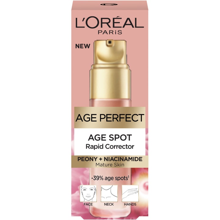 L'Oréal Paris Age Perfect Age Spot Rapid Corrector 30 ml seerumi pigmenttiläiskille vaaleanpunaisessa pakkauksessa.
