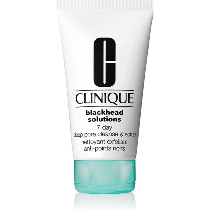Clinique Blackhead Solutions 7 Day Deep Pore Cleanse & Scrub kuorinta valkoisessa tuubissa, jossa on turkoosi korkki