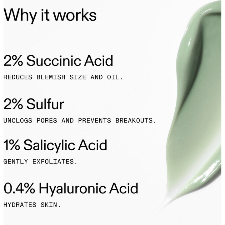 The INKEY List Succinic Acid Treatment 15 ml seerumi hoitaa epäpuhtauksia vaaleanvihreä voide ja tekstiä 2% Sulfur.