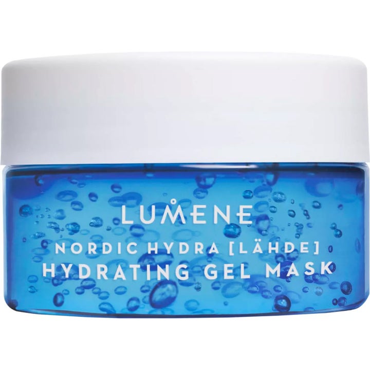 Lumene Nordic Hydra Lähde Hydrating Gel Mask 150 ml kosteuttava kasvonaamio sinisessä purkissa, jossa kupliva geelikoostumus.
