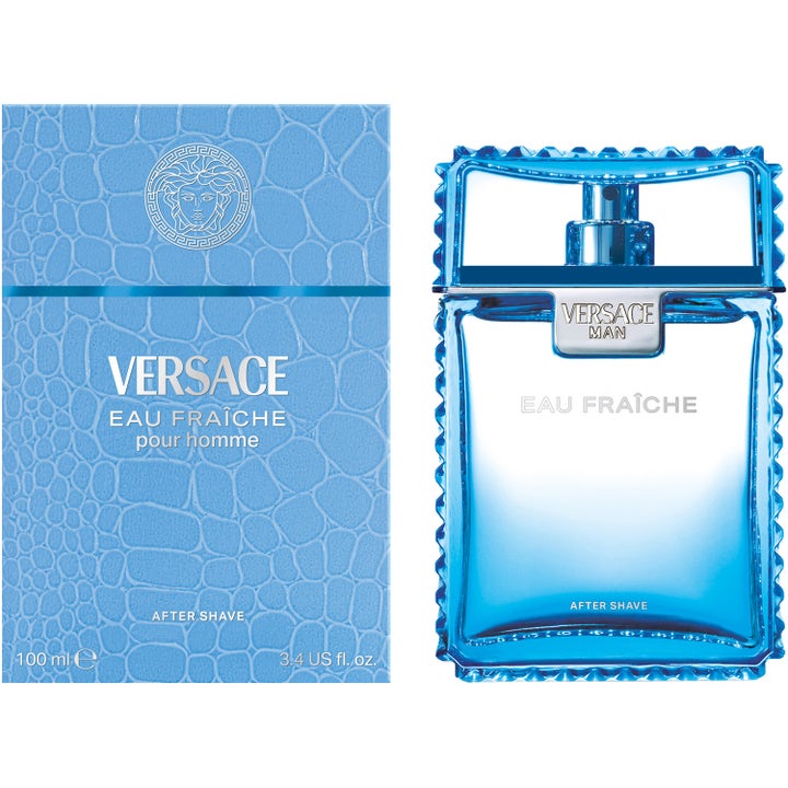 Versace Eau Fraiche After Shave 100 ml rauhoittava partavesi sinisessä krokotiilikuviollisessa pakkauksessa