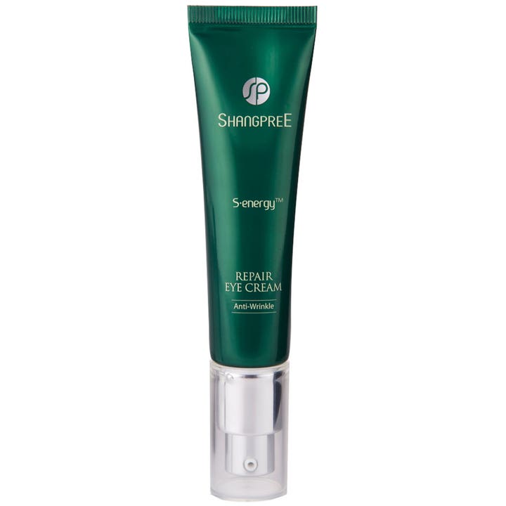 Shangpree S-energy Repair Eye Cream uudistava silmänympärysvoide ryppyjä vastaan tummanvihreässä kiiltävässä tuubissa