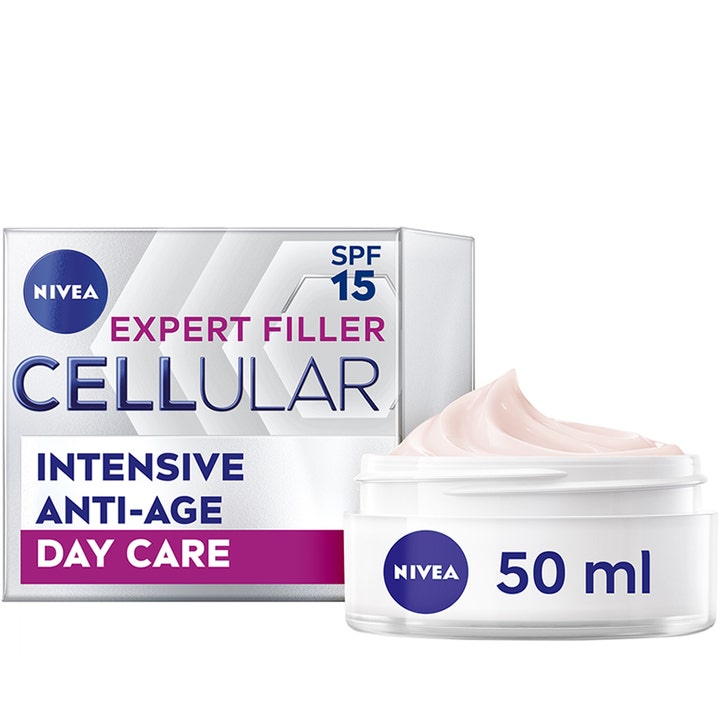Nivea Cellular Expert Filler 50 ml anti-age päivävoide SPF 15 valkoisessa purkissa ja vaaleanpunainen voidekoostumus