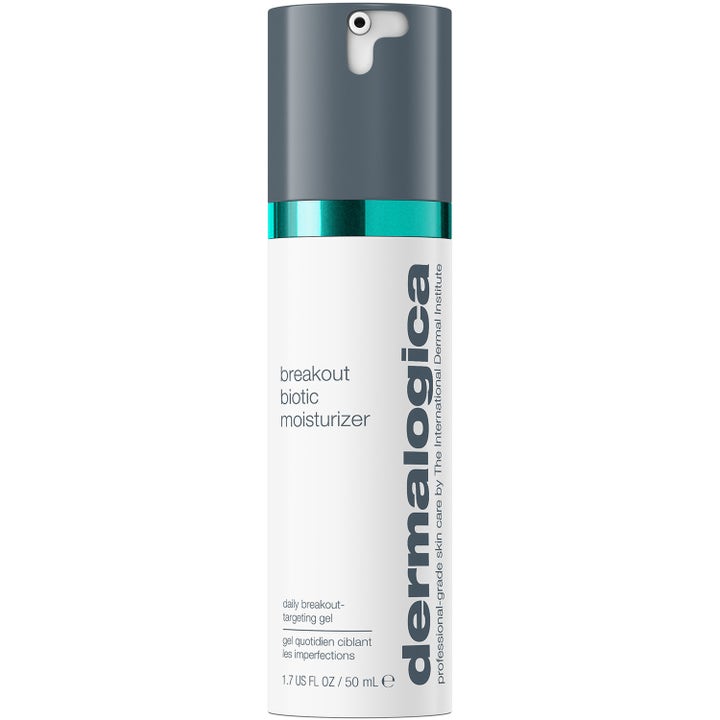 Dermalogica Breakout Biotic Moisturizer 50 ml epäpuhtauksia hillitsevä kasvogeeli valkoisessa pullossa turkoosilla raidalla