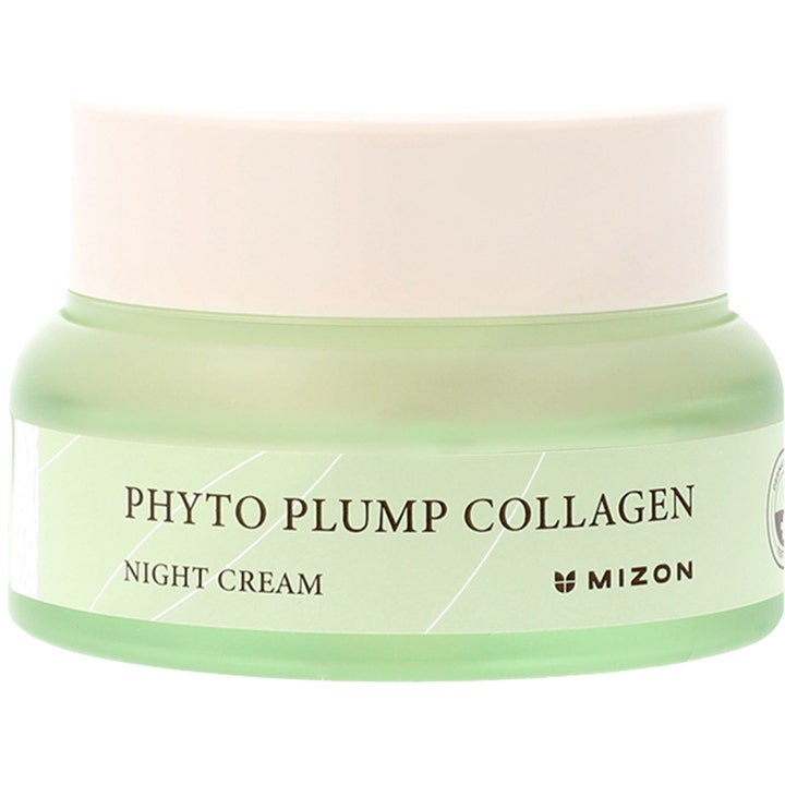 Mizon Phyto Plump Collagen Night Cream 50 ml kiinteyttävä yövoide huurteisessa vihreässä purkissa kermanvaalealla korkilla