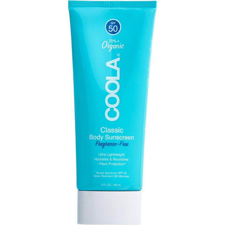 COOLA Classic Body Sunscreen Fragrance-Free 148 ml hajusteeton aurinkovoide SPF 50 turkoosissa tuubissa.
