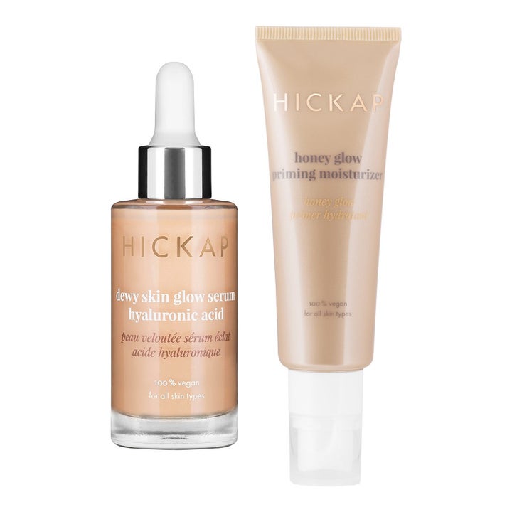 Hickap Dewy Skin Glow Serum ja Honey Glow Priming Moisturizer heleyttävä seerumi lasipullossa ja voide pumpputuubissa