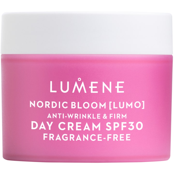 Lumene Nordic Bloom Lumo Day Cream SPF30 hajusteeton silottava päivävoide vaaleanpunaisessa huurteisessa lasipurkissa