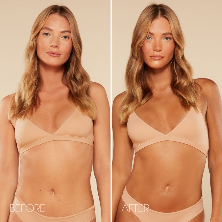 St.Tropez Self Tan Ultra Dark Violet Bronzing Mousse 200 ml luo syvän päivetyksen ennen ja jälkeen kuvassa.