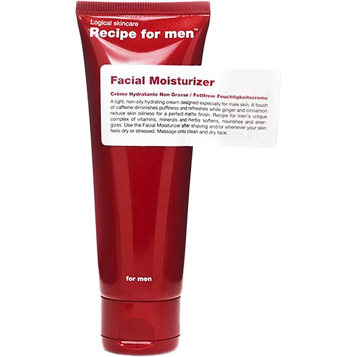 Recipe for men Facial Moisturizer 75 ml kosteuttava kasvovoide punaisessa tuubissa valkoisella etiketillä.