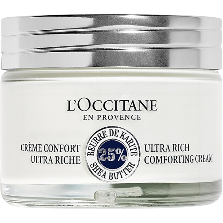 L'Occitane Shea Ultra Rich Comforting Cream 50 ml ravitseva kasvovoide kirkkaassa lasipurkissa hopeisella korkilla.