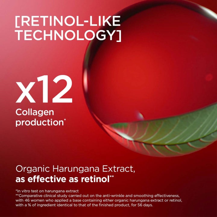 Clarins Total Eye Lift 15 ml silmänympärysvoide x12 kollageenin tuotantoa ja retinolinkaltainen teknologia punaisella pohjalla.