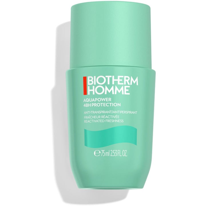 Biotherm Homme Aquapower 75 ml antiperspirantti antaa 48h suojan raikkaassa mintunvihreässä roll-on-pakkauksessa