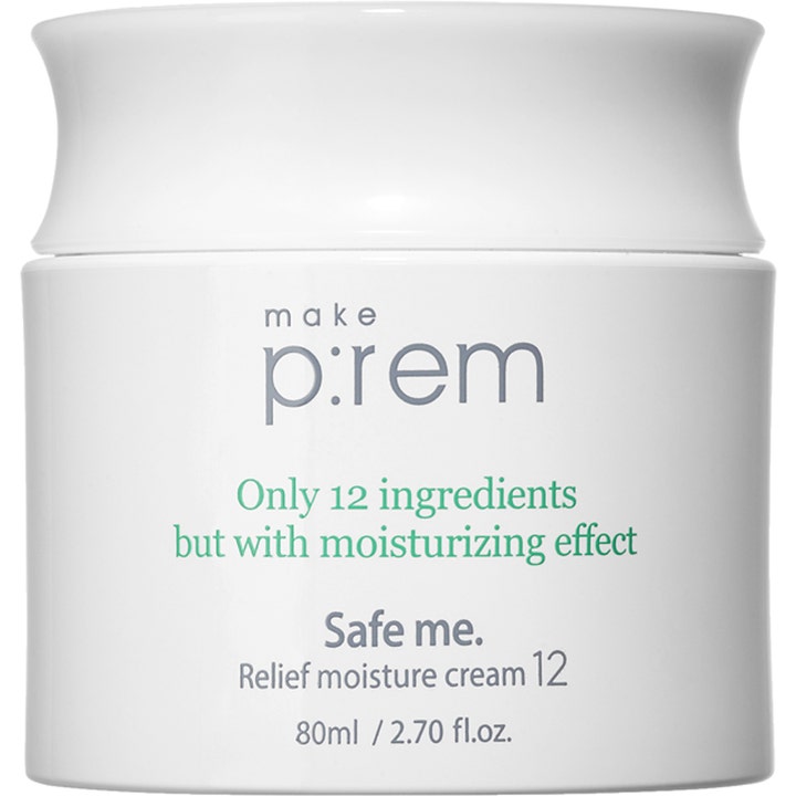Make p:rem Safe me. Relief Moisture Cream 12 80 ml rauhoittava kosteusvoide tyylikkäässä valkoisessa purkissa.