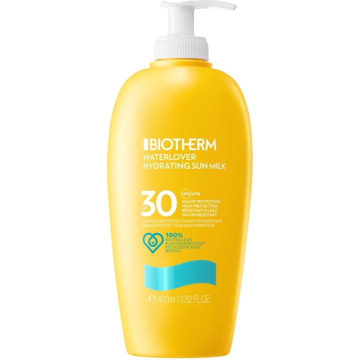 Biotherm Waterlover Hydrating Sun Milk 400 ml SPF 30 kosteuttava aurinkosuojavoide keltaisessa pumppupullossa
