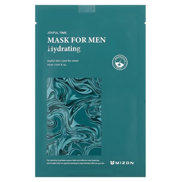 Mizon Joyful Time Mask For Men Hydrating 24 ml kosteuttava kangasnaamio tummanvihreässä pakkauksessa marmorikuviolla.