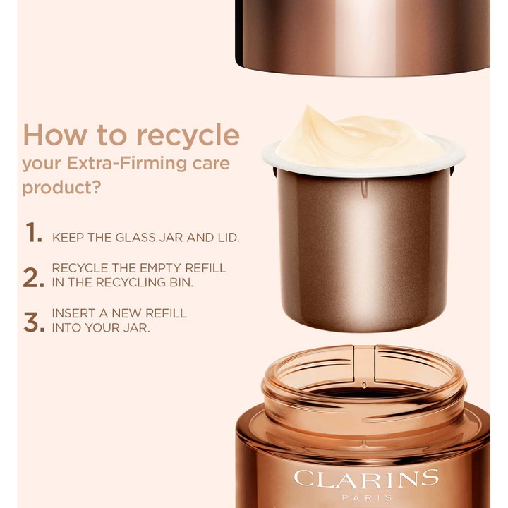 Clarins Extra-Firming Jour 50 ml kiinteyttävä päivävoide lasipurkissa ja ohjeet täyttöpakkauksen vaihtoon.