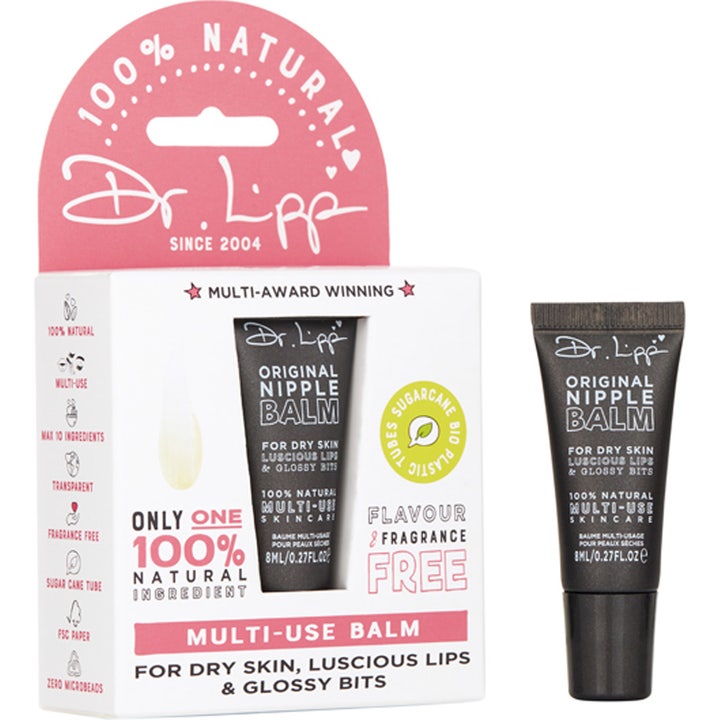 Dr.Lipp Original Nipple Balm 8 ml monikäyttövoide kuiville huulille mustassa tuubissa ja valkoisessa pakkauksessa.