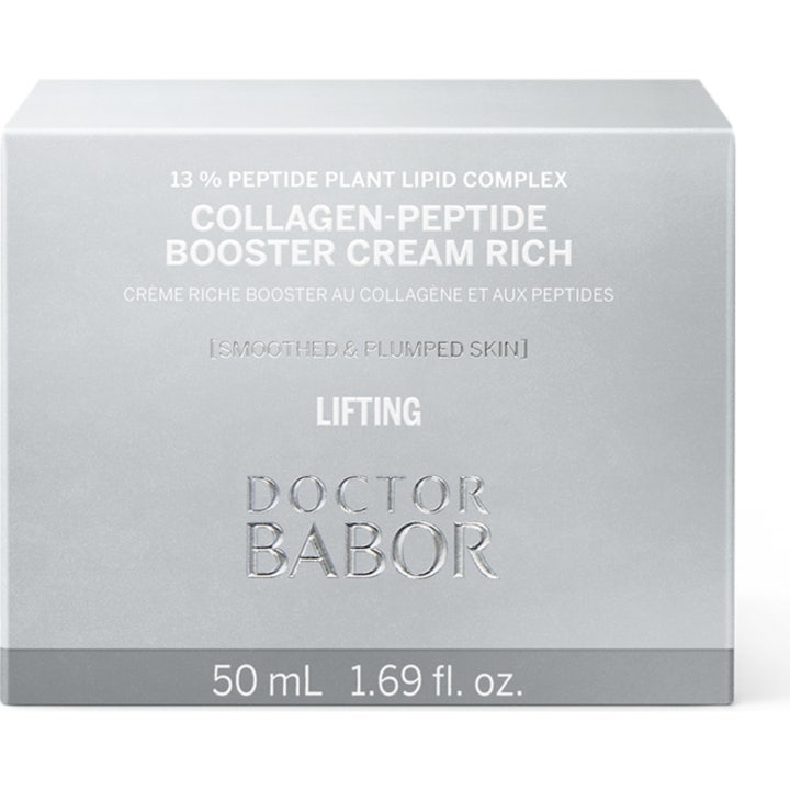 Doctor Babor Collagen-Peptide Booster Cream Rich 50 ml silottava kasvovoide hopeisessa ulkopakkauksessa.