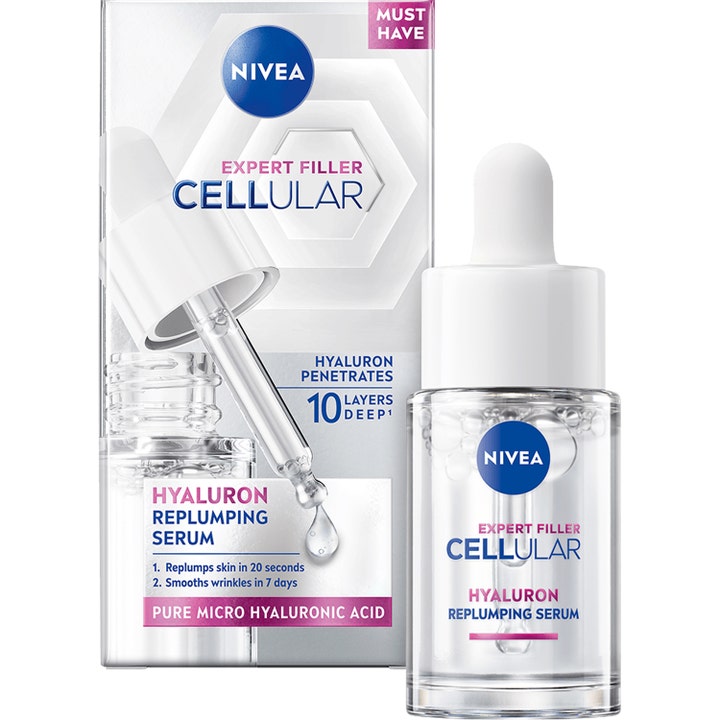 Nivea Expert Filler Cellular Hyaluron Replumping Serum silottava seerumi kirkkaassa lasipullossa valkoisella pipetillä