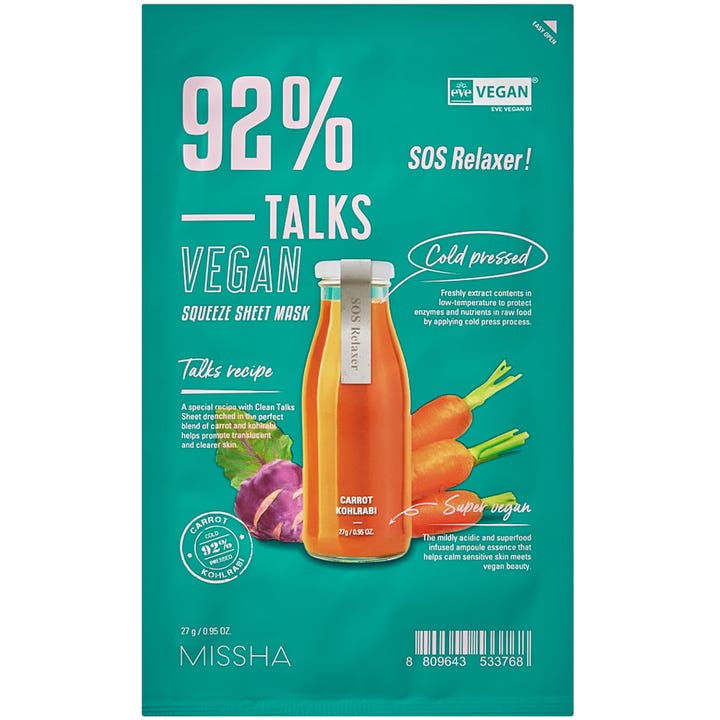 Missha Talks Vegan Squeeze Sheet Mask SOS Relaxer 27 g rauhoittava kangasmaski vihreässä pussissa jossa on porkkanoita