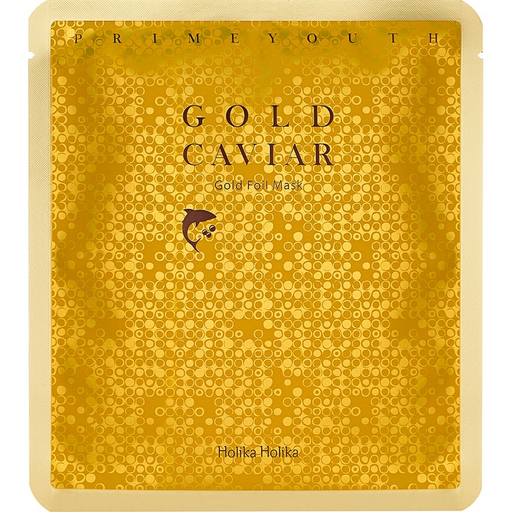 Holika Holika Prime Youth Gold Caviar 1 kpl elvyttävä kangasnaamio ylellisessä kuvioidussa kultafoliopakkauksessa.