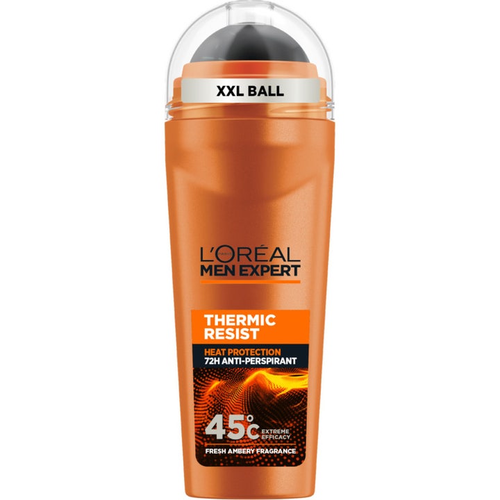 L'Oréal Men Expert Thermic Resist 50 ml suojaava antiperspirantti oranssissa roll-on-pakkauksessa harmaalla pallolla.