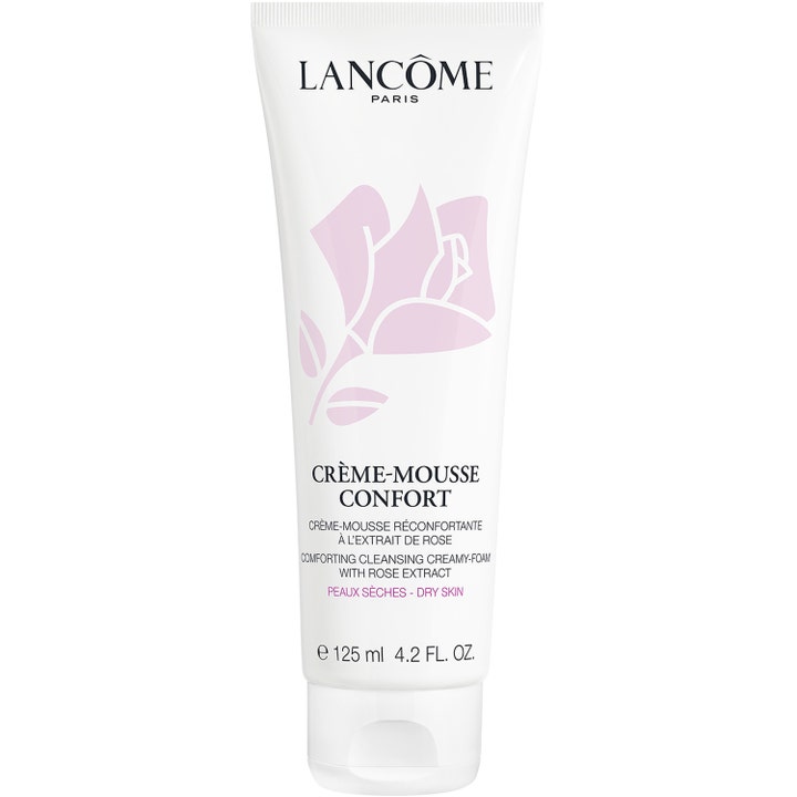 Lancôme Crème-Mousse Confort 125 ml puhdistusvaahto kuivalle iholle valkoisessa ruusukuvioidussa tuubissa.