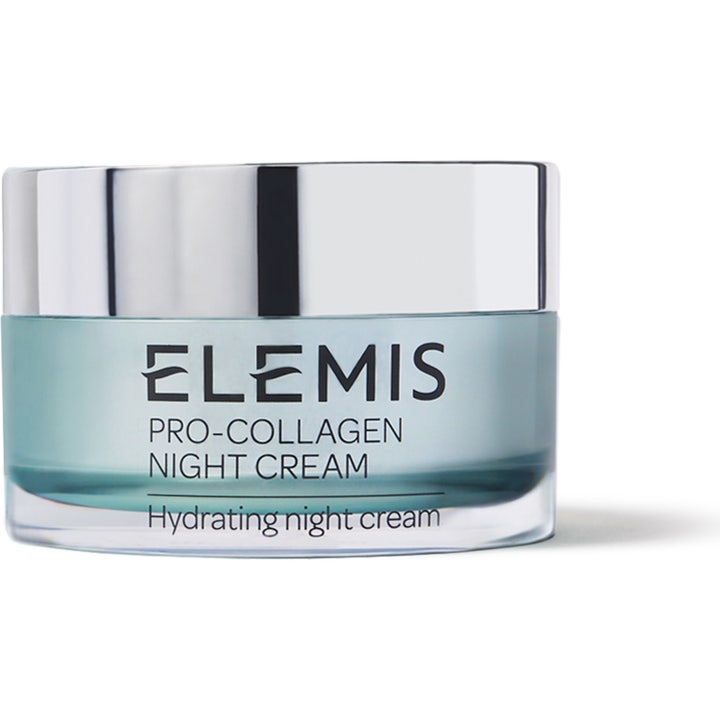 Elemis Pro-Collagen Night Cream 50 ml kosteuttava yövoide vaaleansinisessä lasipurkissa hopeisella korkilla.