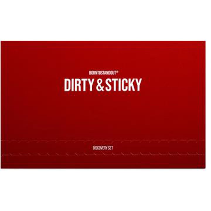 Borntostandout Dirty & Sticky Discovery Set hajuvesisetti punaisessa pakkauksessa jossa on valkoista tekstiä