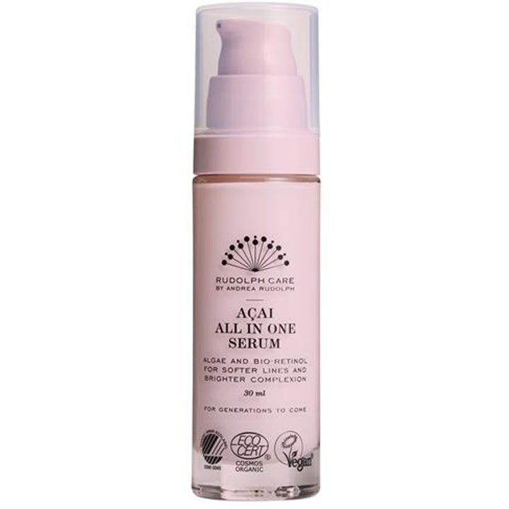 Rudolph Care Açai All In One Serum 30 ml ihoa kirkastava seerumi vaaleanpunaisessa pumppupullossa.