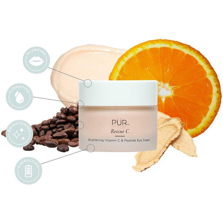 Kirkastava PÜR Rescue C Eye Cream 15 ml silmänympärysvoide oranssin viipaleen ja kahvipapujen kanssa.