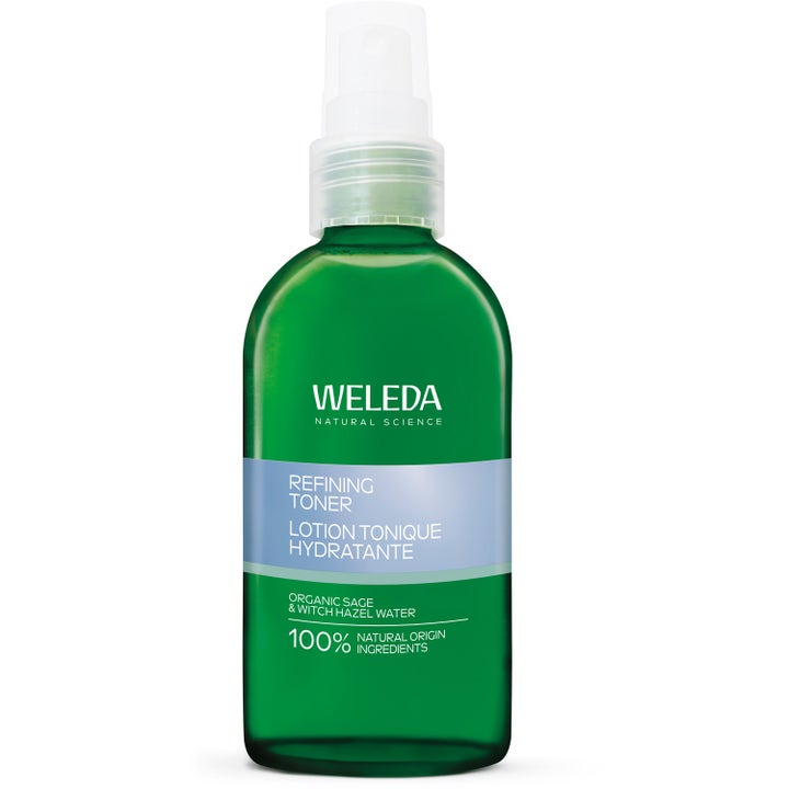 Weleda Refining Toner 100 ml puhdistava kasvovesi kirkastaa ihoa vihreässä lasipullossa, jossa on valkoinen korkki.