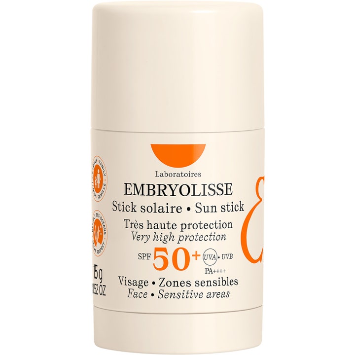 Embryolisse Sun Stick SPF 50+ 15 g suojaava aurinkosuojapuikko vaaleassa hylsyssä oransseilla yksityiskohdilla.