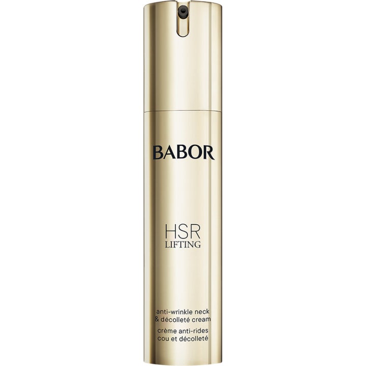 Babor HSR Lifting Anti-Wrinkle Neck & Décolleté Cream kiinteyttävä voide kultaisessa pumppupullossa.