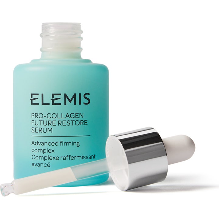 Elemis Pro-Collagen Future Restore Serum kiinteyttävä seerumi turkoosissa mattapintaisessa pullossa hopeisella pipetillä